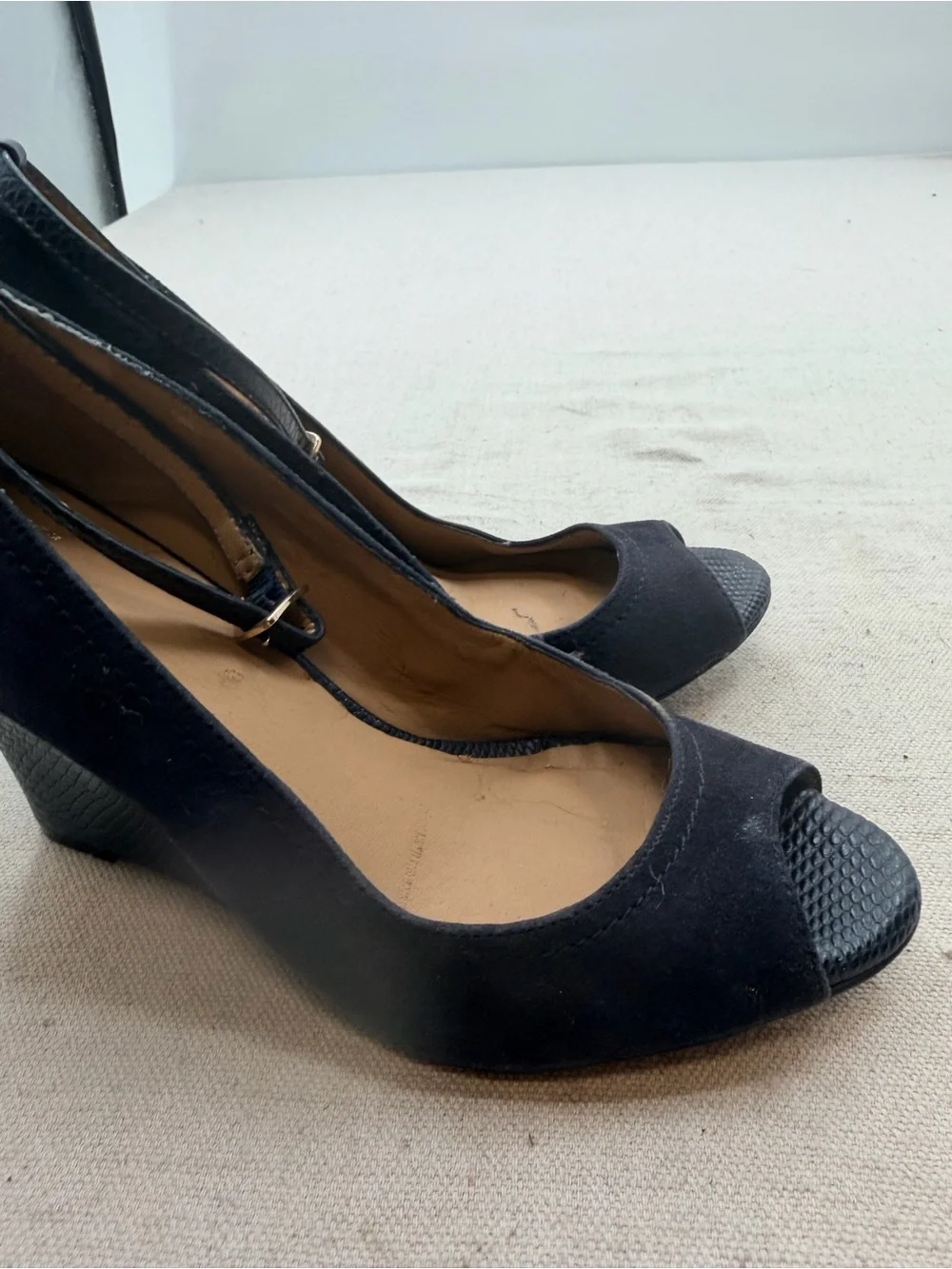 Blue Peep-Toe Wedge Heels with Ankle Strap